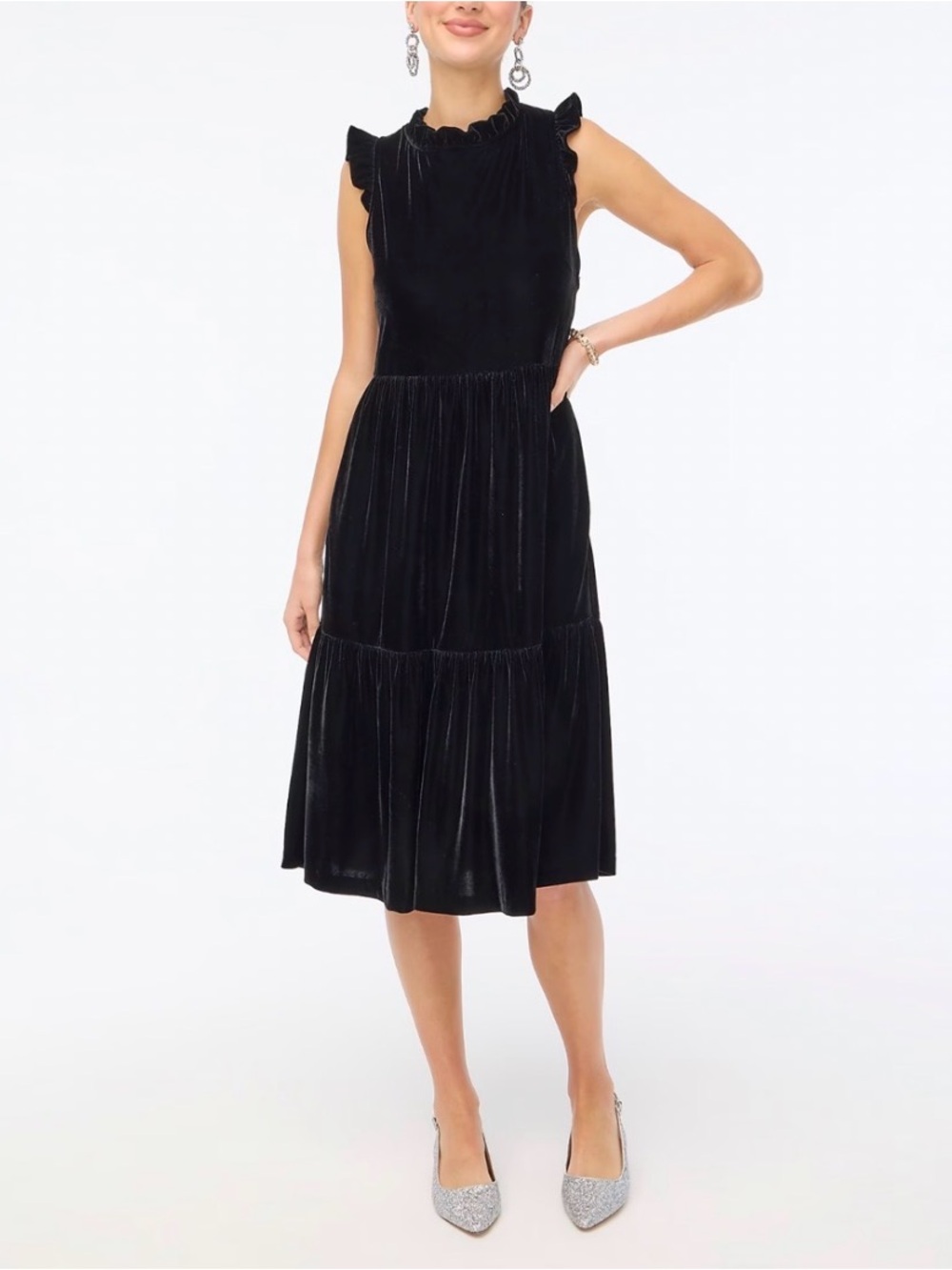 NWOT J. Crew Black Velvet Ruffle Midi Dress